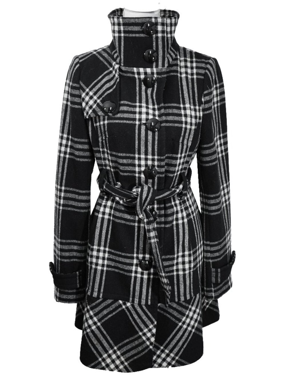 Express Vintage Over Coat Black Plaid Goth Funnel neck Mod 60s Winter Peacoat